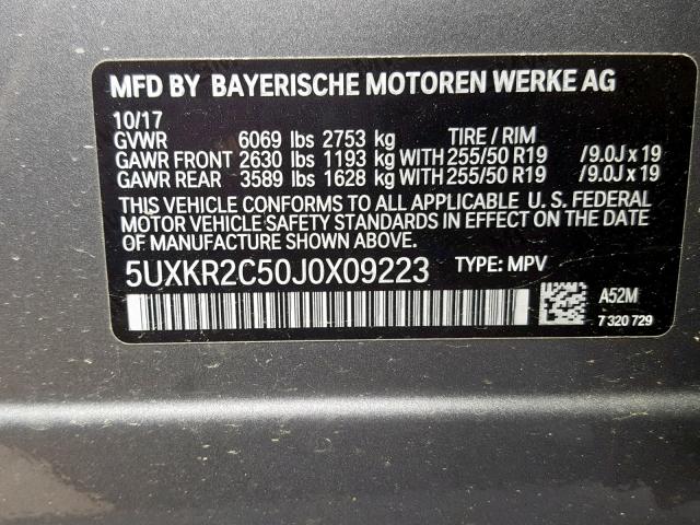 5UXKR2C50J0X09223 - 2018 BMW X5 SDRIVE3 ნაცრისფერი ფოტო 10