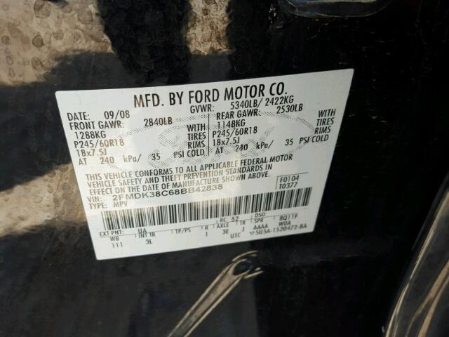 2FMDK38C68BB42838 - 2008 FORD EDGE SEL BLACK photo 10