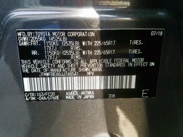 JTMWFREV6JJ748541 - 2018 TOYOTA RAV4 ADVEN GRAY photo 10