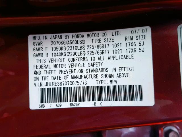 JHLRE38707C075773 - 2007 HONDA CR-V EXL RED photo 10