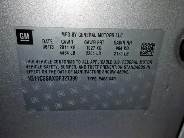 1G11C5SAXDF327399 - 2013 CHEVROLET MALIBU 1LT 银色 照片 10