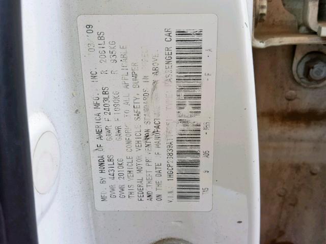 1HGCP26839A116951 - 2009 HONDA ACCORD EXL WHITE photo 10