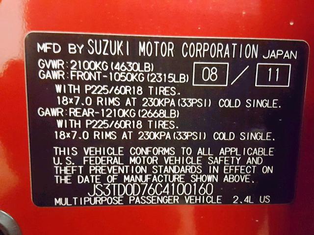 JS3TD0D76C4100160 - 2012 SUZUKI GRAND VITA RED photo 10