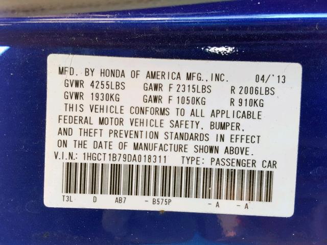 1HGCT1B79DA018311 - 2013 HONDA ACCORD EX BLUE photo 10