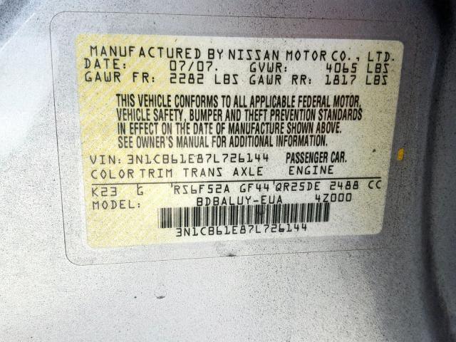 3N1CB61E87L726144 - 2007 NISSAN SENTRA SE- SILVER photo 10