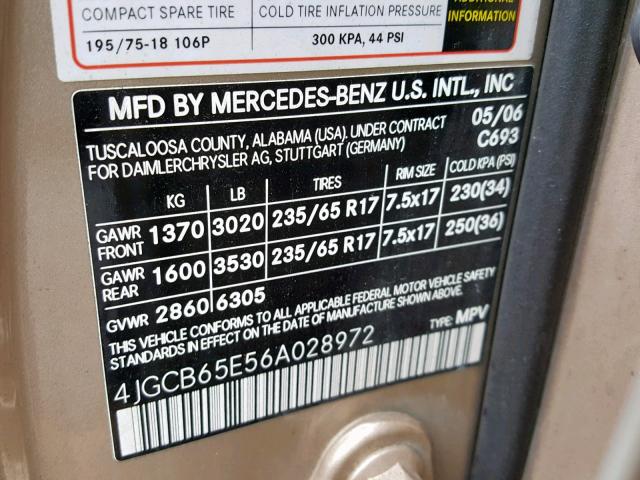 4JGCB65E56A028972 - 2006 MERCEDES-BENZ R 350 GOLD photo 10