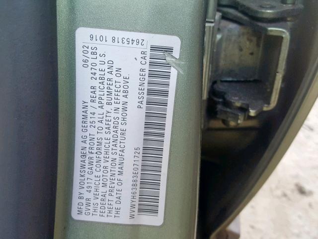 WVWYH63B83E071725 - 2003 VOLKSWAGEN PASSAT GLX 绿色 照片 10