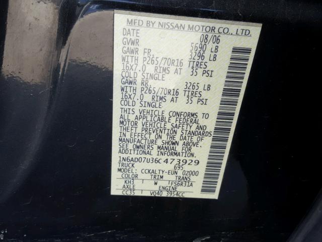 1N6AD07U36C473929 - 2006 NISSAN FRONTIER C BLACK photo 10