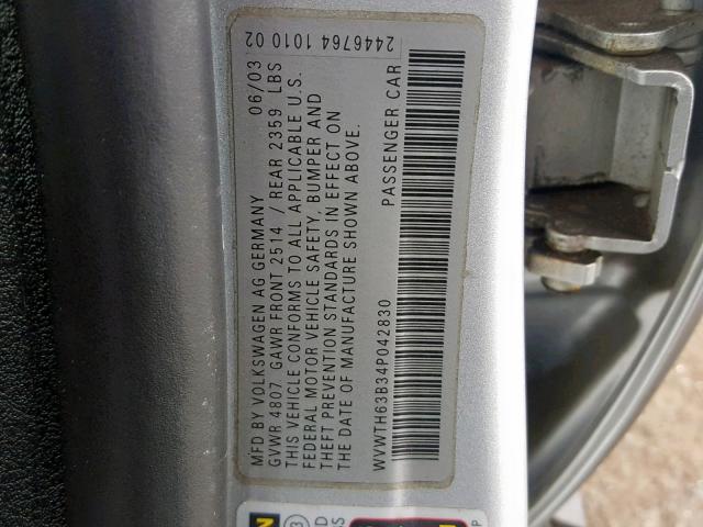 WVWTH63B34P042830 - 2004 VOLKSWAGEN PASSAT GLX SILVER photo 10