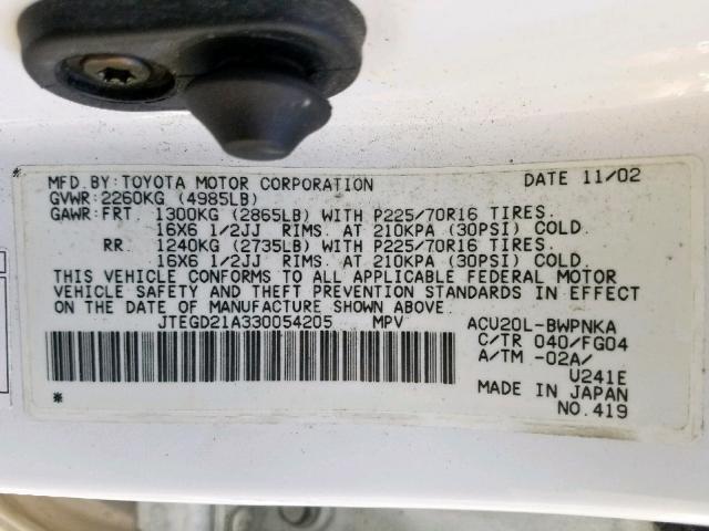 JTEGD21A330054205 - 2003 TOYOTA HIGHLANDER WHITE photo 10