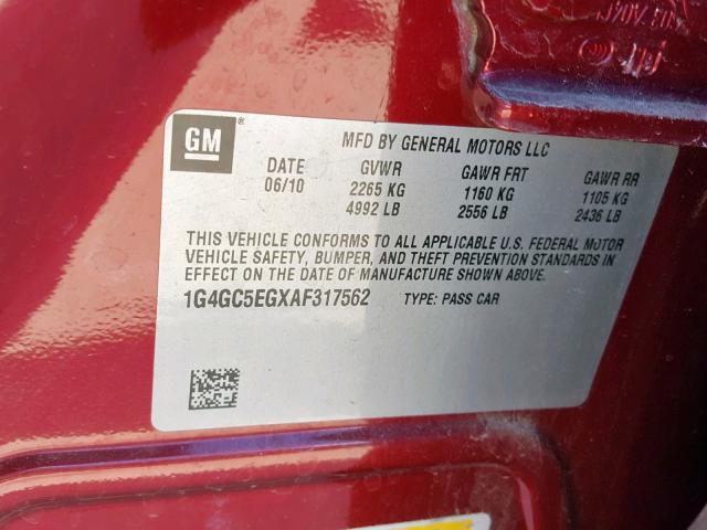 1G4GC5EGXAF317562 - 2010 BUICK LACROSSE C RED photo 10