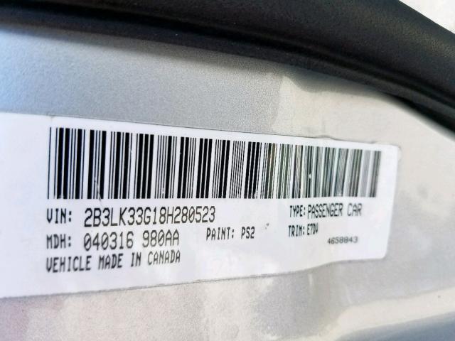 2B3LK33G18H280523 - 2008 DODGE CHARGER SX SILVER photo 10