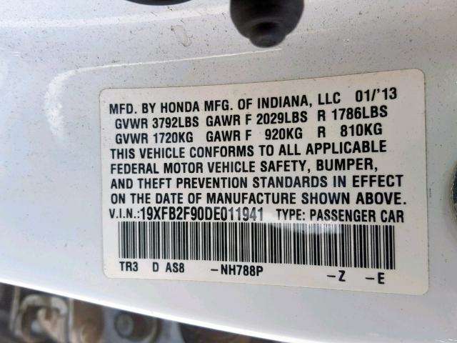19XFB2F90DE011941 - 2013 HONDA CIVIC EXL 白色 照片 10