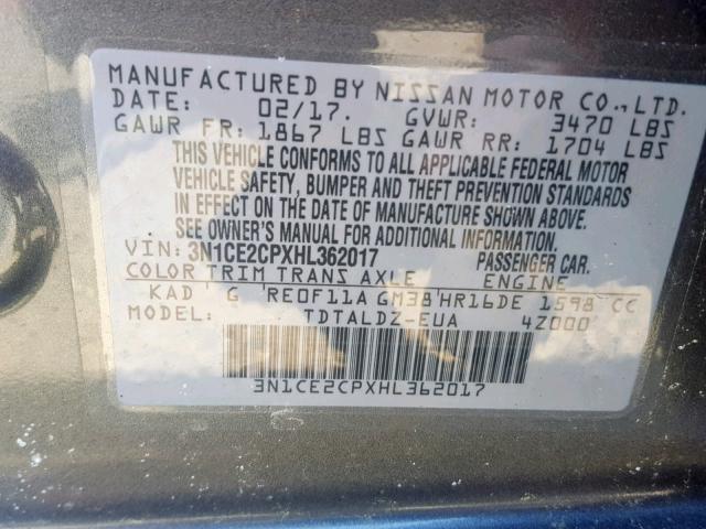 3N1CE2CPXHL362017 - 2017 NISSAN VERSA NOTE GRAY photo 10