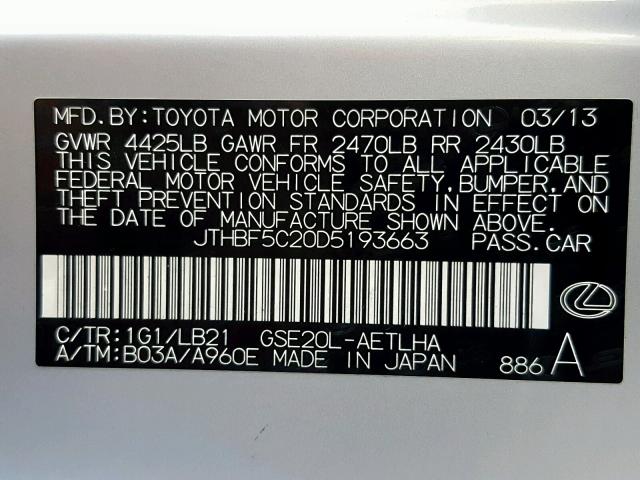 JTHBF5C20D5193663 - 2013 LEXUS IS 250 SILVER photo 10