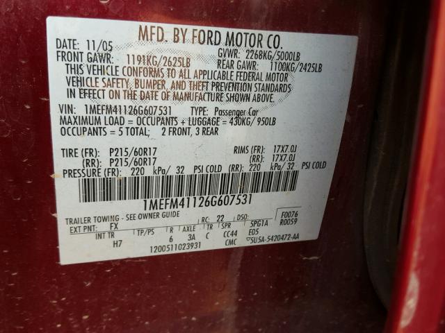 1MEFM41126G607531 - 2006 MERCURY MONTEGO LU MAROON photo 10