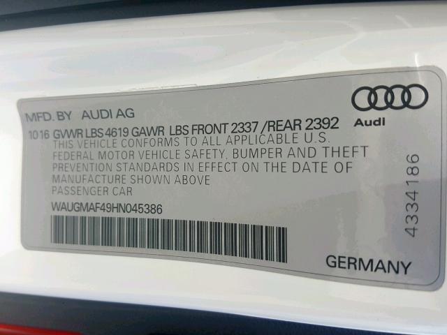 WAUGMAF49HN045386 - 2017 AUDI A4 ULTRA P WHITE photo 10