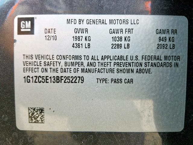 1G1ZC5E13BF252279 - 2011 CHEVROLET MALIBU 1LT 灰色 照片 10