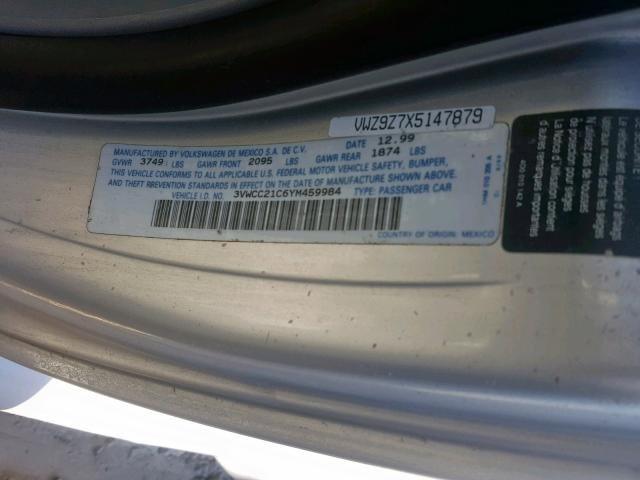 3VWCC21C6YM459984 - 2000 VOLKSWAGEN NEW BEETLE SILVER photo 10