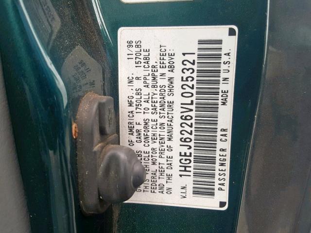 1HGEJ6226VL025321 - 1997 HONDA CIVIC DX GREEN photo 10