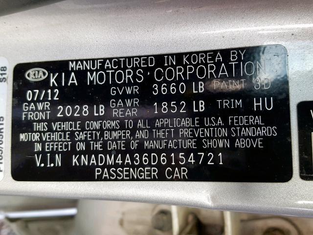 KNADM4A36D6154721 - 2013 KIA RIO LX SILVER photo 10