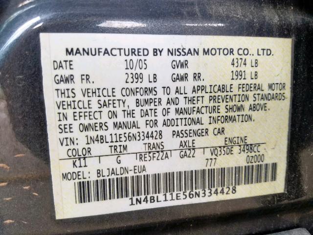 1N4BL11E56N334428 - 2006 NISSAN ALTIMA SE GRAY photo 10