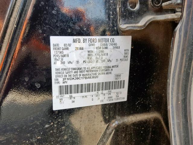 2FMDK39C17BA63820 - 2007 FORD EDGE SEL P BLACK photo 10