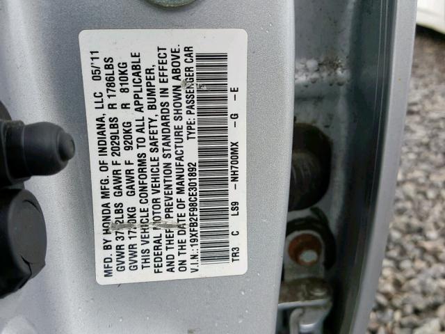 19XFB2F98CE301892 - 2012 HONDA CIVIC EXL 银色 照片 10