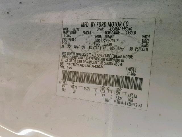 1FTKR1AD4APA43030 - 2010 FORD RANGER WHITE photo 10