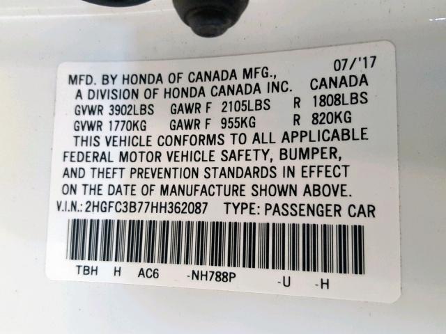 2HGFC3B77HH362087 - 2017 HONDA CIVIC EXL თეთრი ფოტო 10