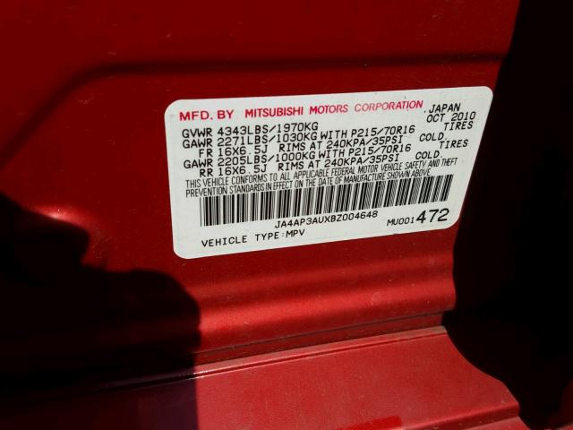 JA4AP3AUXBZ004648 - 2011 MITSUBISHI OUTLANDER RED photo 10