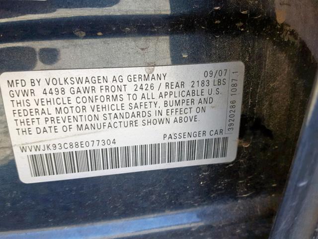 WVWJK93C88E077304 - 2008 VOLKSWAGEN PASSAT TUR BLUE photo 10