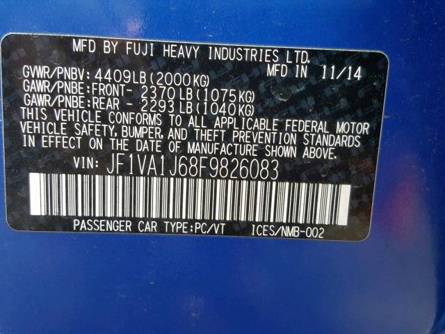 JF1VA1J68F9826083 - 2015 SUBARU WRX LIMITE BLUE photo 10