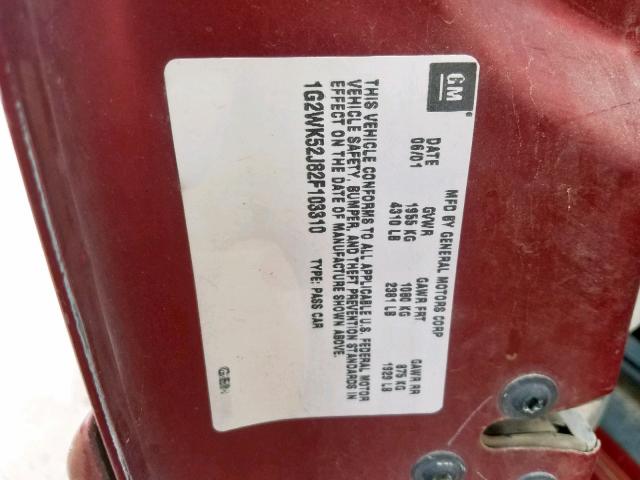 1G2WK52J82F103310 - 2002 PONTIAC GRAND PRIX MAROON photo 10