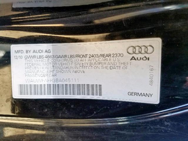 WAUWFAFR3BA045111 - 2011 AUDI A5 PRESTIG BLACK photo 10