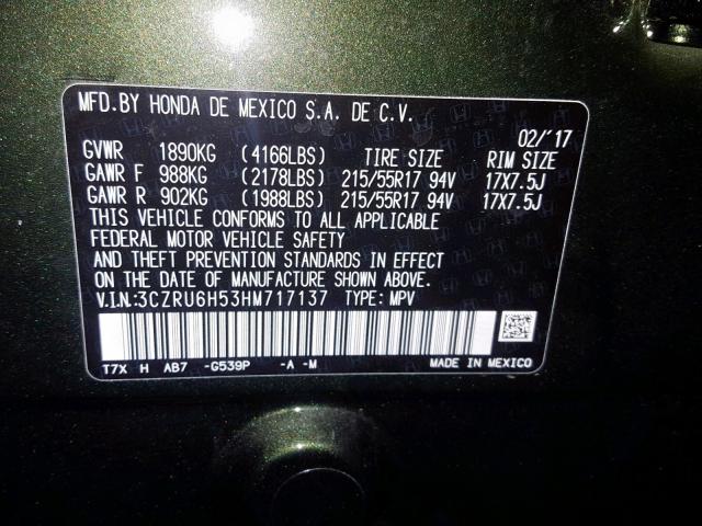 3CZRU6H53HM717137 - 2017 HONDA HR-V EX GREEN photo 10