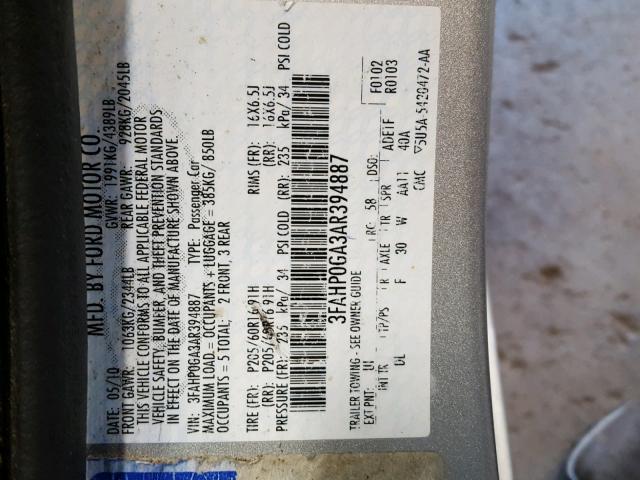 3FAHP0GA3AR394887 - 2010 FORD FUSION S SILVER photo 10