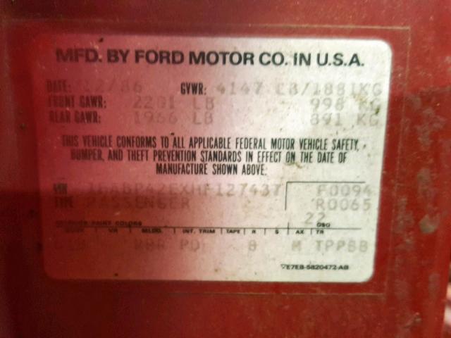 1FABP42EXHF127437 - 1987 FORD MUSTANG GT RED photo 10