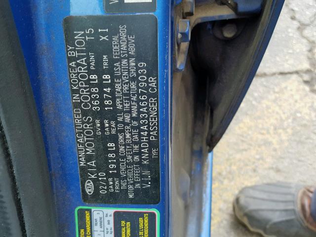 KNADH4A33A6679039 - 2010 KIA RIO LX BLUE photo 10