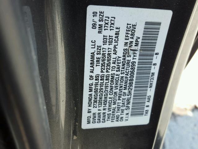 5FNRL5H29BB006899 - 2011 HONDA ODYSSEY LX CHARCOAL photo 10