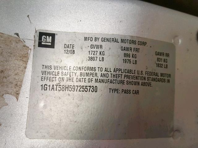 1G1AT58H597255730 - 2009 CHEVROLET COBALT LT SILVER photo 10