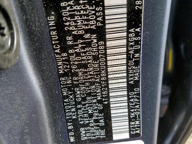 4T1B21FB8KU007089 - 2019 TOYOTA AVALON XLE GRAY photo 10