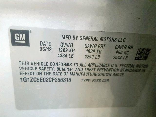 1G1ZC5E02CF356318 - 2012 CHEVROLET MALIBU 1LT 银色 照片 10