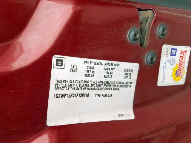1G2WP12K41F128710 - 2001 PONTIAC GRAND PRIX BURGUNDY photo 10