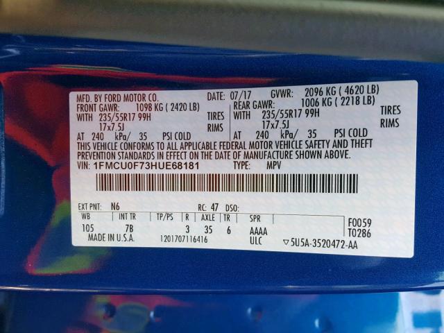 1FMCU0F73HUE68181 - 2017 FORD ESCAPE S BLUE photo 10