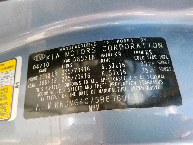 KNDMG4C75B6369689 - 2011 KIA SEDONA LX BLUE photo 10