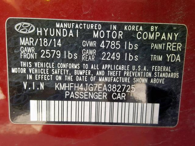 KMHFH4JG7EA382725 - 2014 HYUNDAI AZERA GLS RED photo 10