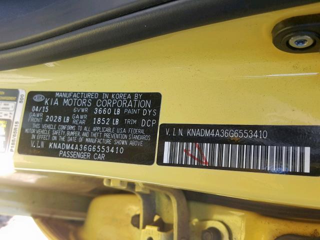 KNADM4A36G6553410 - 2016 KIA RIO LX YELLOW photo 10