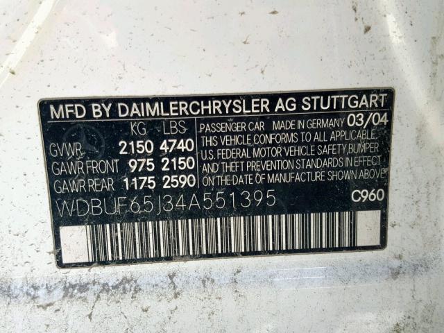 WDBUF65J34A551395 - 2004 MERCEDES-BENZ E 320 WHITE photo 10