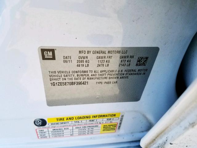 1G1ZE5E70BF396421 - 2011 CHEVROLET MALIBU LTZ თეთრი ფოტო 10